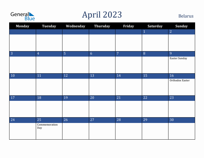 April 2023 Belarus Calendar (Monday Start)