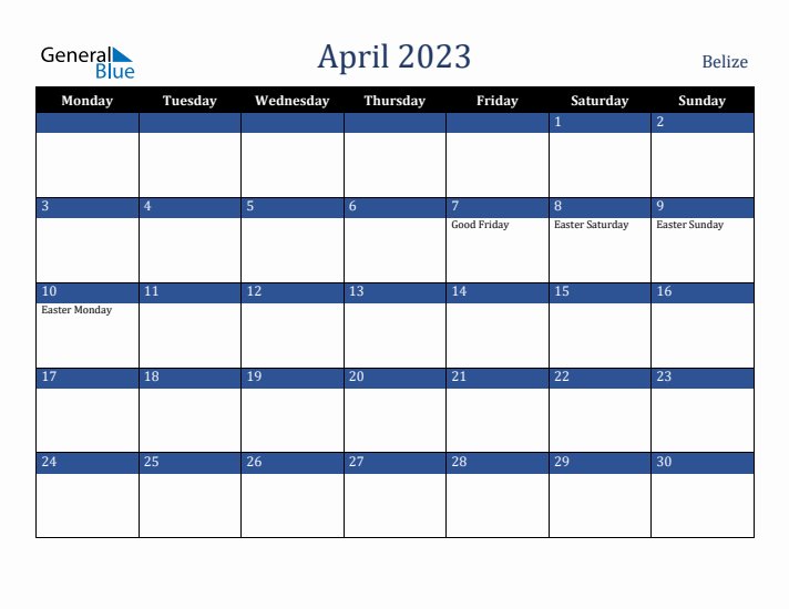 April 2023 Belize Calendar (Monday Start)