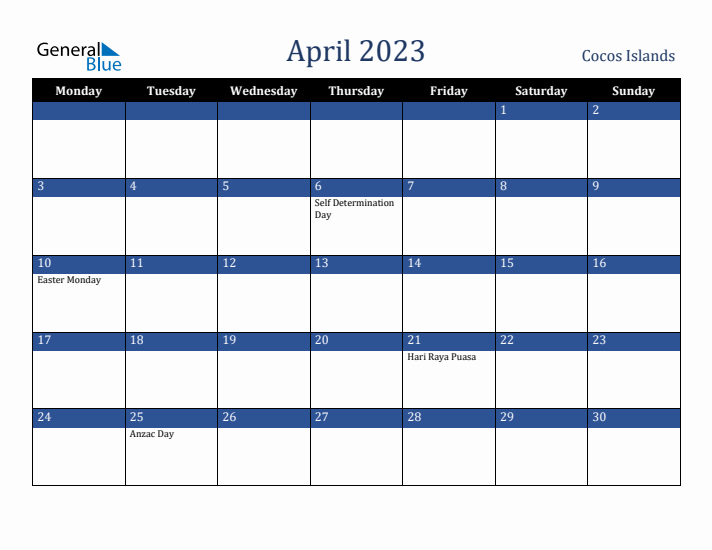 April 2023 Cocos Islands Calendar (Monday Start)
