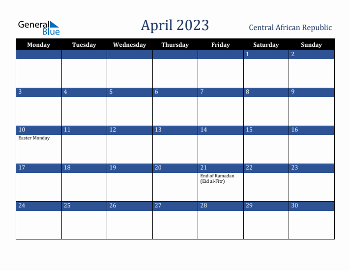 April 2023 Central African Republic Calendar (Monday Start)