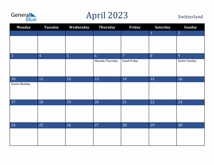 April 2023 Switzerland Calendar (Monday Start)