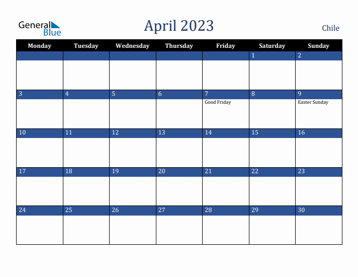 April 2023 Chile Calendar (Monday Start)
