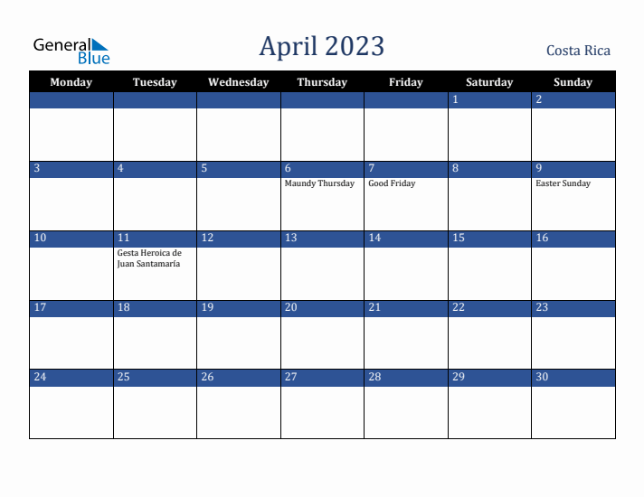 April 2023 Costa Rica Calendar (Monday Start)