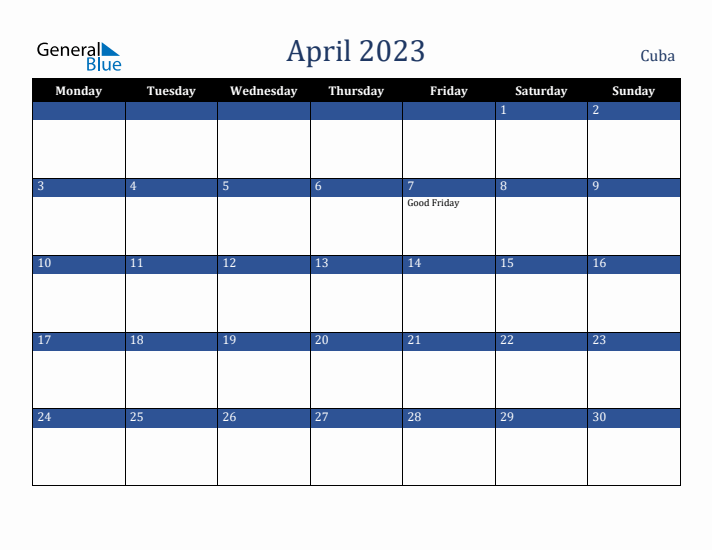 April 2023 Cuba Calendar (Monday Start)