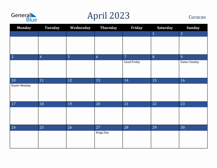 April 2023 Curacao Calendar (Monday Start)