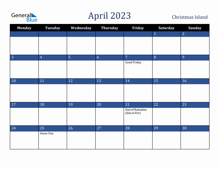 April 2023 Christmas Island Calendar (Monday Start)