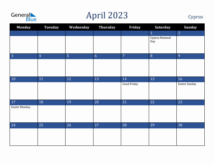 April 2023 Cyprus Calendar (Monday Start)