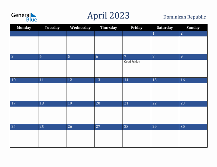April 2023 Dominican Republic Calendar (Monday Start)