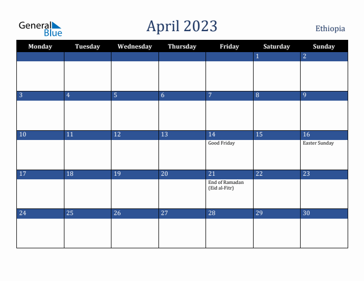 April 2023 Ethiopia Calendar (Monday Start)