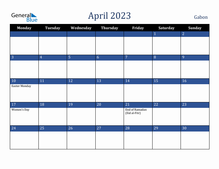 April 2023 Gabon Calendar (Monday Start)