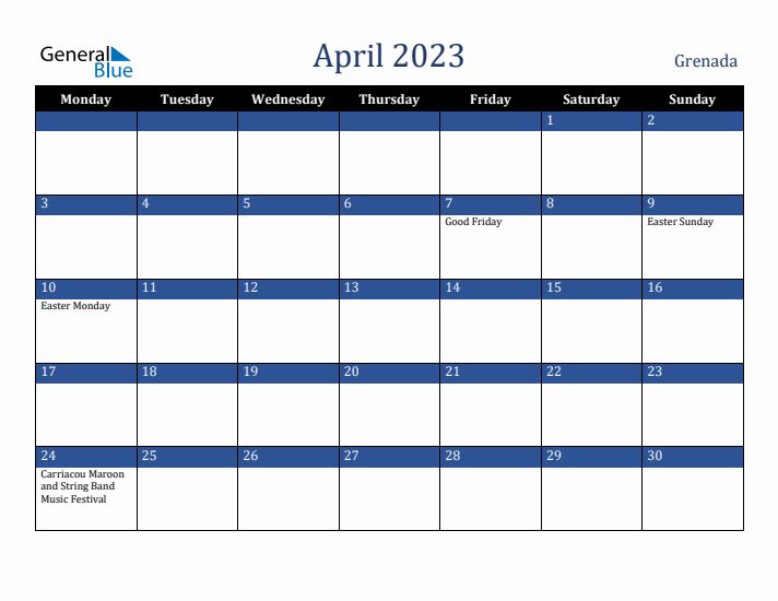 April 2023 Grenada Calendar (Monday Start)