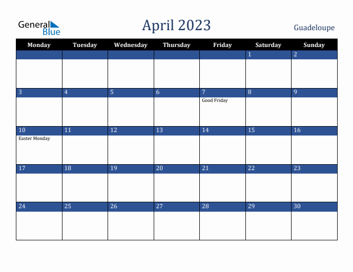April 2023 Guadeloupe Calendar (Monday Start)