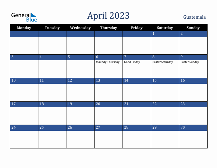 April 2023 Guatemala Calendar (Monday Start)