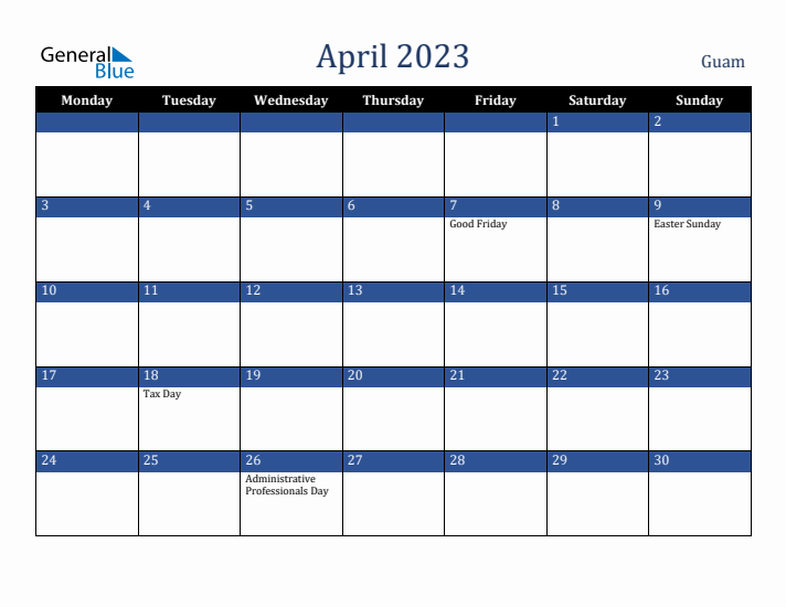 April 2023 Guam Calendar (Monday Start)