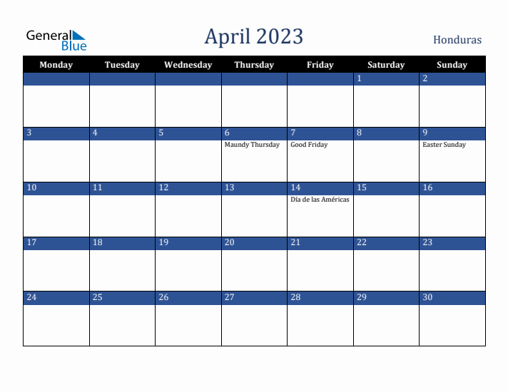 April 2023 Honduras Calendar (Monday Start)