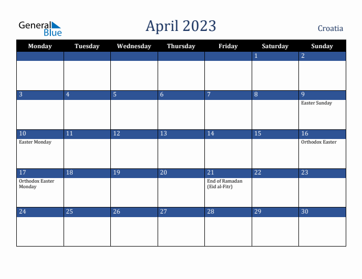 April 2023 Croatia Calendar (Monday Start)