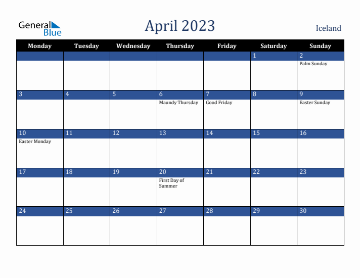 April 2023 Iceland Calendar (Monday Start)