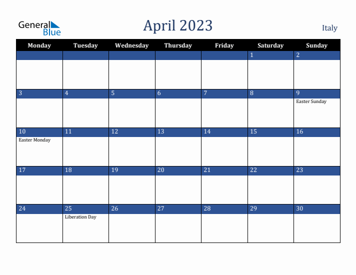 April 2023 Italy Calendar (Monday Start)