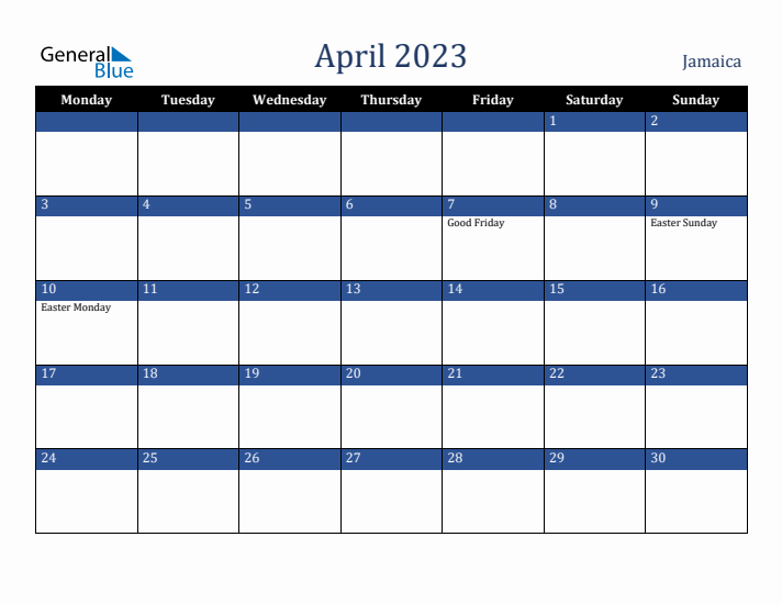 April 2023 Jamaica Calendar (Monday Start)
