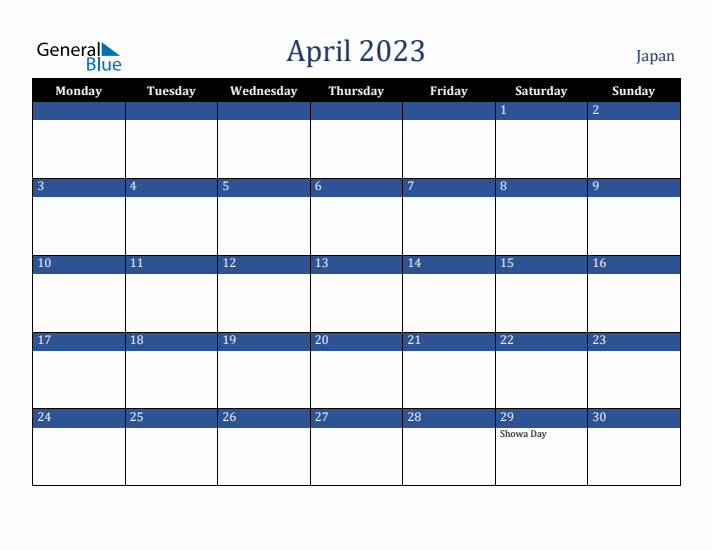 April 2023 Japan Calendar (Monday Start)