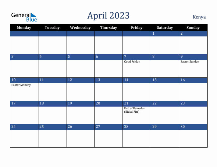 April 2023 Kenya Calendar (Monday Start)