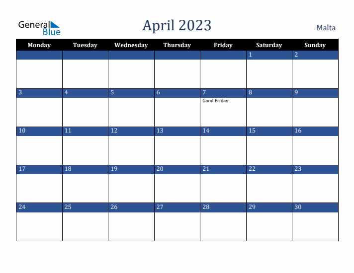 April 2023 Malta Calendar (Monday Start)