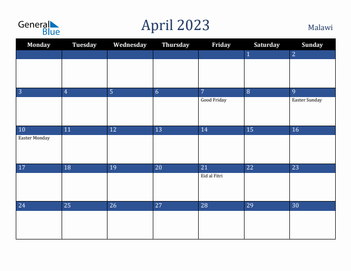 April 2023 Malawi Calendar (Monday Start)