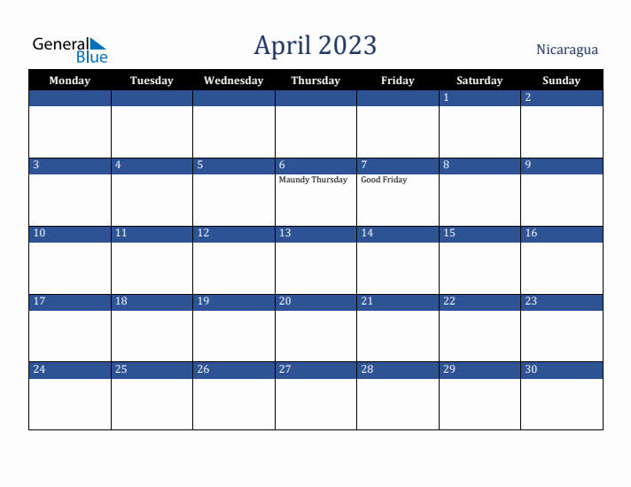 April 2023 Nicaragua Calendar (Monday Start)