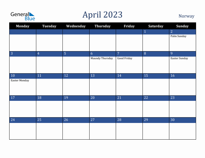 April 2023 Norway Calendar (Monday Start)