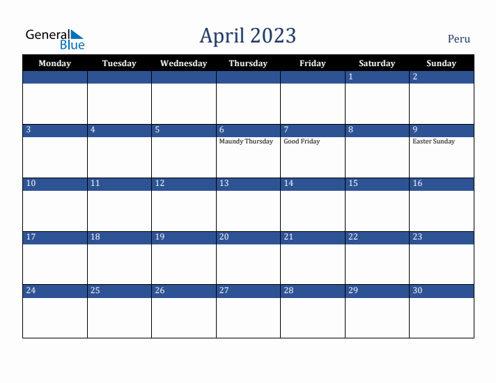 April 2023 Peru Calendar (Monday Start)