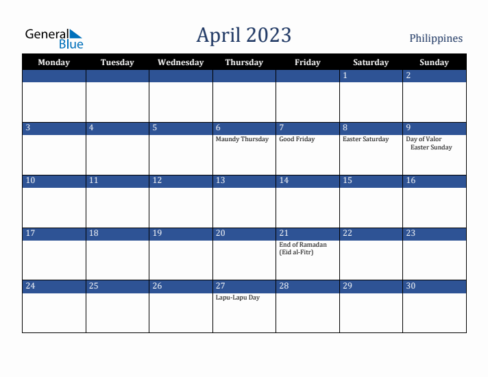 April 2023 Philippines Calendar (Monday Start)