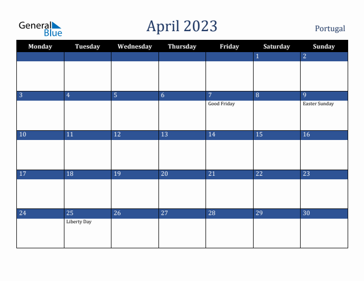 April 2023 Portugal Calendar (Monday Start)