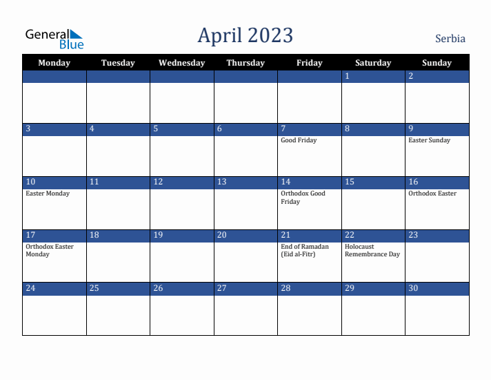April 2023 Serbia Calendar (Monday Start)