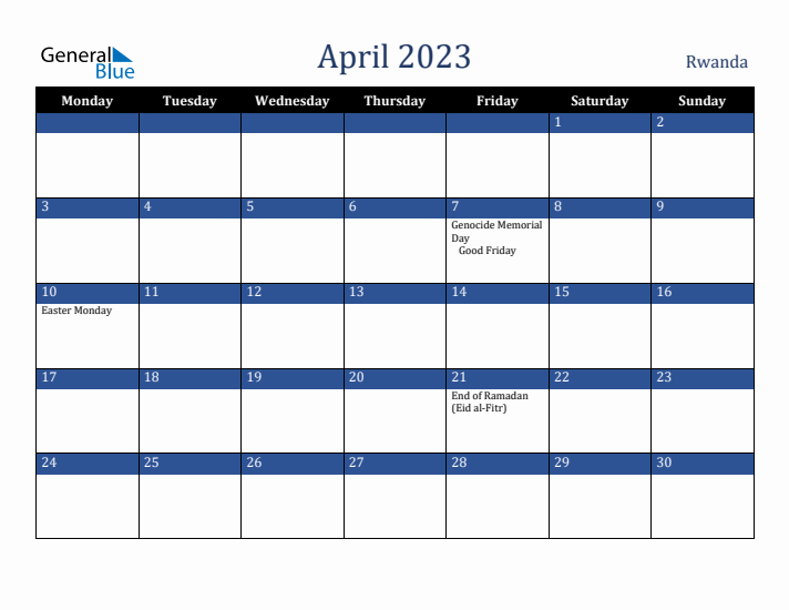 April 2023 Rwanda Calendar (Monday Start)