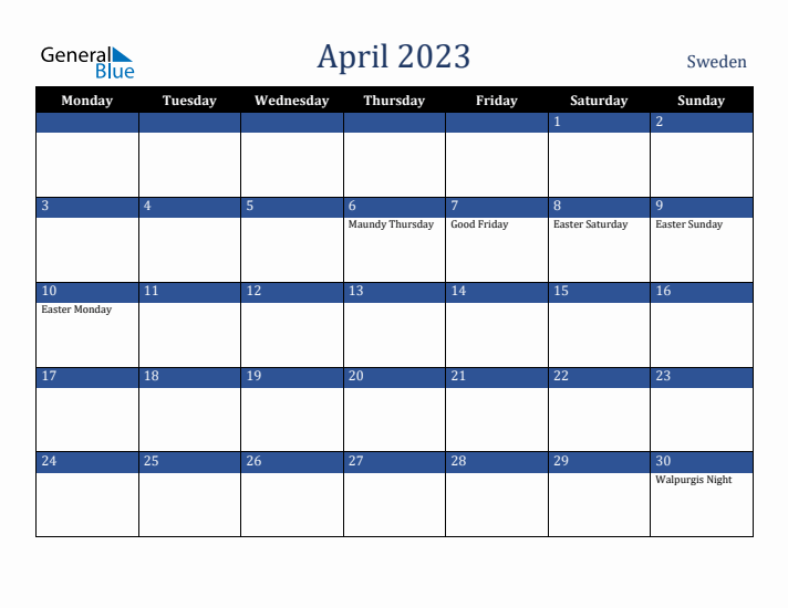 April 2023 Sweden Calendar (Monday Start)