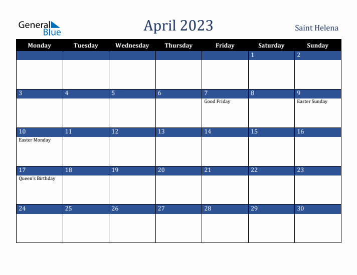 April 2023 Saint Helena Calendar (Monday Start)