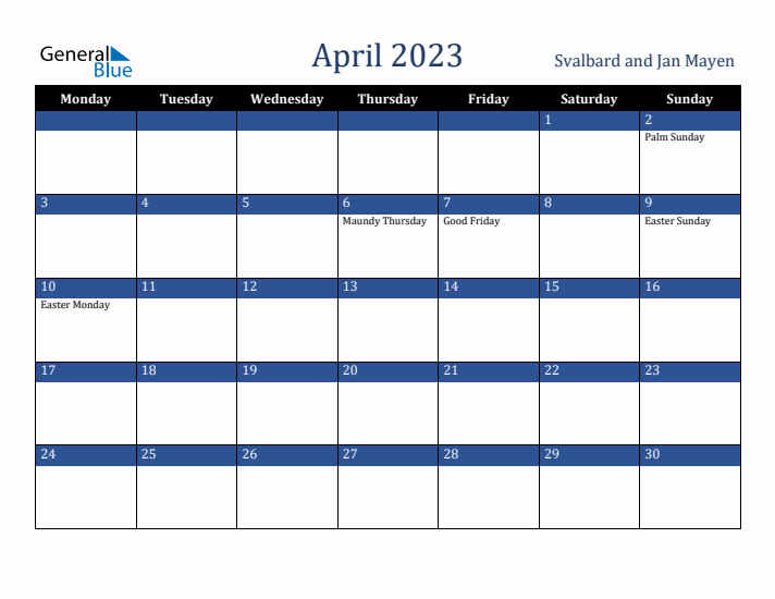 April 2023 Svalbard and Jan Mayen Calendar (Monday Start)