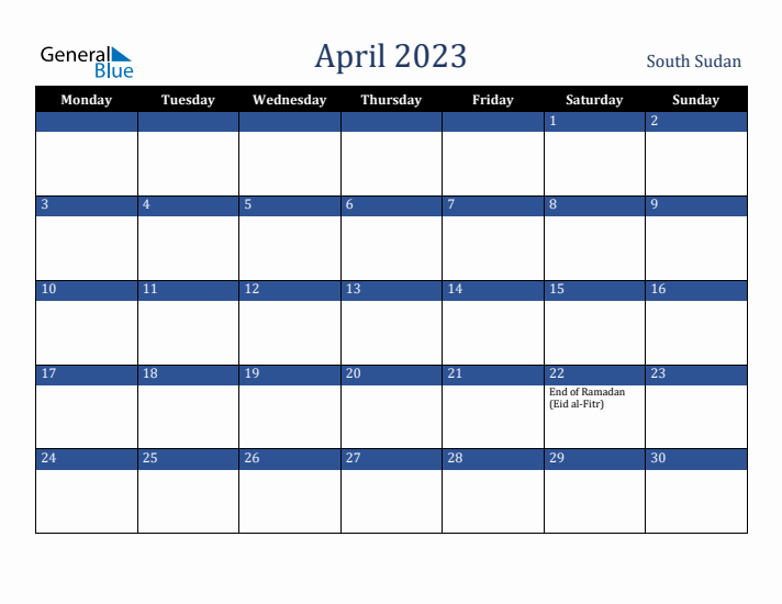April 2023 South Sudan Calendar (Monday Start)