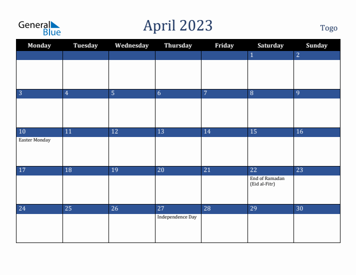 April 2023 Togo Calendar (Monday Start)