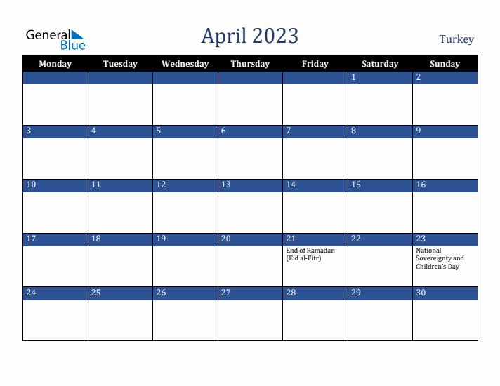 April 2023 Turkey Calendar (Monday Start)