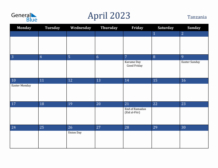 April 2023 Tanzania Calendar (Monday Start)