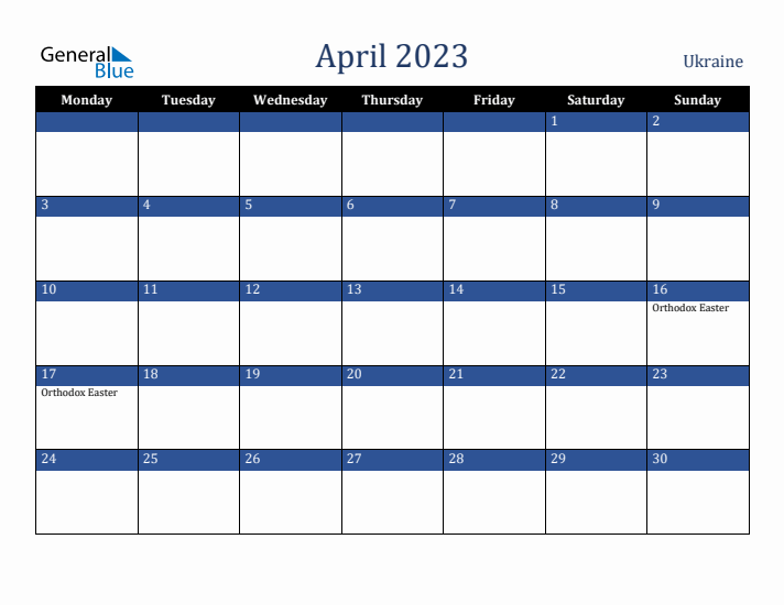 April 2023 Ukraine Calendar (Monday Start)