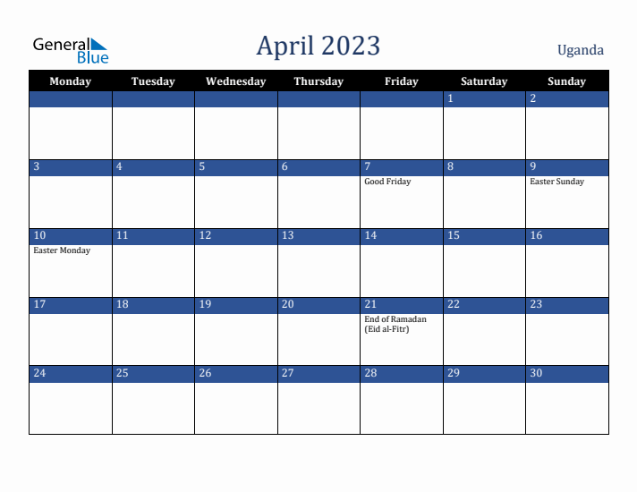 April 2023 Uganda Calendar (Monday Start)