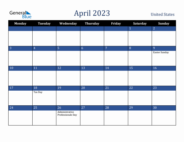 April 2023 United States Calendar (Monday Start)