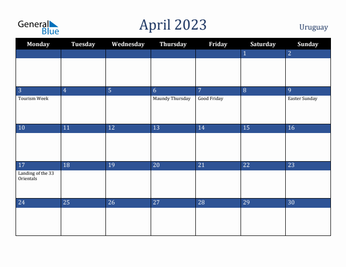 April 2023 Uruguay Calendar (Monday Start)