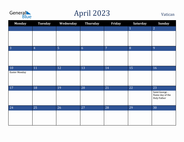 April 2023 Vatican Calendar (Monday Start)