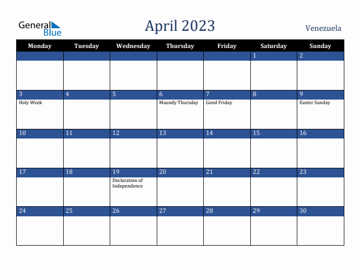 April 2023 Venezuela Calendar (Monday Start)
