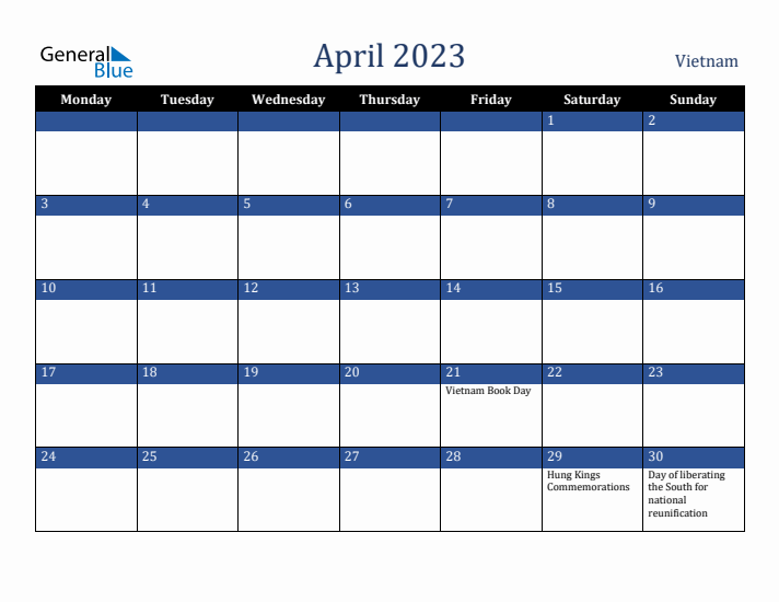 April 2023 Vietnam Calendar (Monday Start)