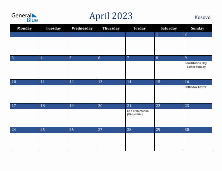 April 2023 Kosovo Calendar (Monday Start)