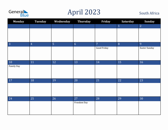April 2023 South Africa Calendar (Monday Start)